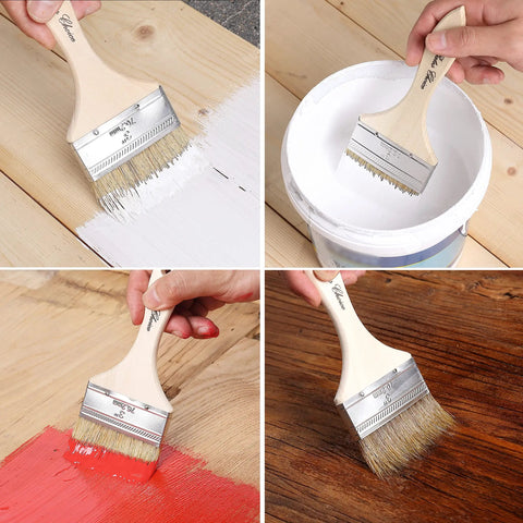 Six Pack Three Inch Chip Paint Brushes With Thick Natural Bristle For Holding More Paint Perfect For Latex Or Oil Based Paints And Stains Delivers Smooth Finish On Walls And Trim With Fewer Streaks, shown applying different paint colors.