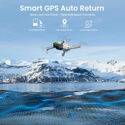 Lightweight Foldable Drone With EIS 4K Camera And GPS 5 Inch Screen On Controller 70 Minute Flight Time over snowy mountains.