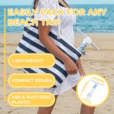 Woman holding a striped beach bag containing a Universal Beach Umbrella Anchor Spike For Sand, Windproof Up To 50 MPH, white 10 inch.