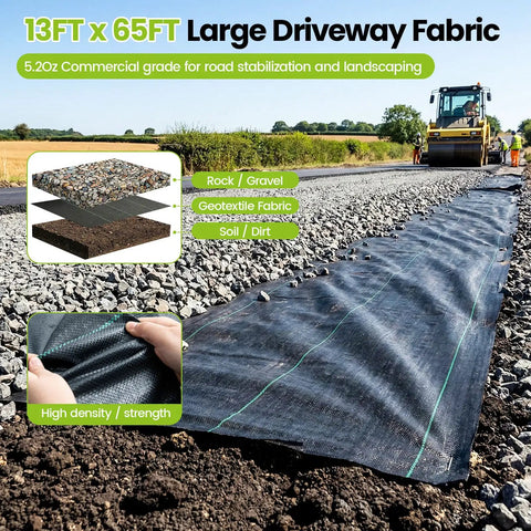 Heavy Duty 13x65ft Driveway Fabric 5.2oz Commercial Weed Barrier Landscape Geotextile for garden, road, and erosion control.