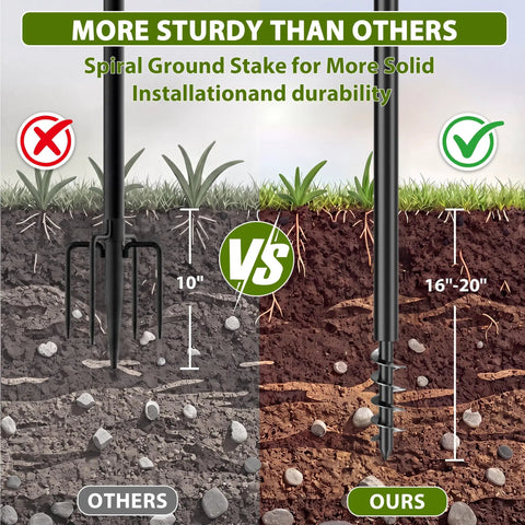 Comparison of 4 Pack Outdoor String Light Poles 10.5 Ft Tall With Screw In Dirt Insertion Over 20 Inches showing durability with spiral ground stake.