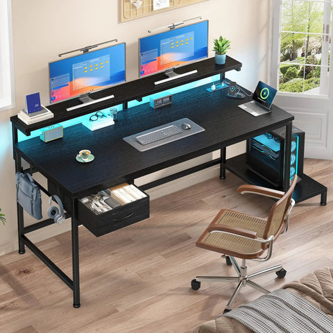39.3 Inch Gaming Desk With Power Outlet And LED Lights, Adjustable Monitor Stand For Dual Monitors, Drawer, CPU Stand, Black