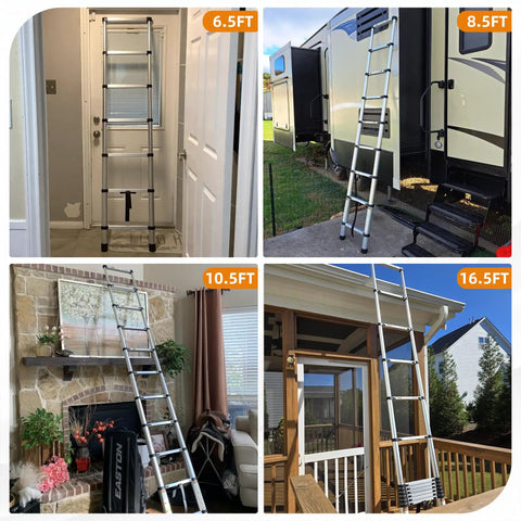 Telescoping Aluminum Ladder For RV And Attic 20.3 Ft Extension With Dual Locking System 330 Lb Load Ultra Compact Space Saving Foldable Design For Roofs Home Travel Trailer And Multi Surface Use shown at 6.5 ft, 8.5 ft, 10.5 ft, 16.5 ft