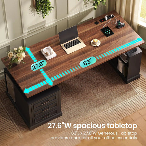 Top view of Farmhouse Electric Standing Desk With 63 Inch Long Workstation Height Adjustable Sit Stand Desk With 3 Drawers