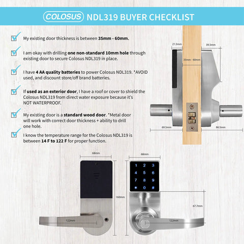 Diagram of Colosus NDL319 keyless door lock with installation checklist and measurements in durable silver finish.