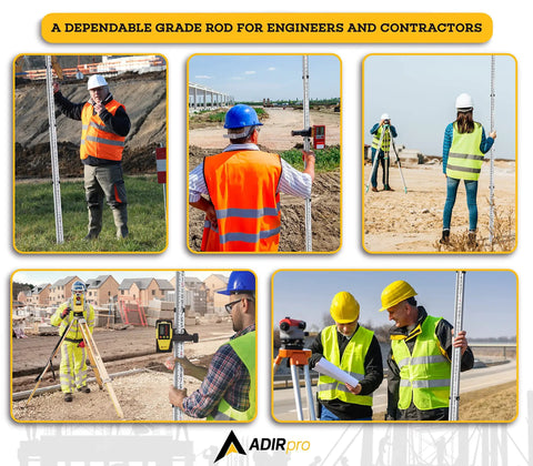 Engineers using 9 Foot Aluminum Telescoping Pro Grade Rod With Dual Sided 5 Section Leveling Rod 8th Foot Graduations on site