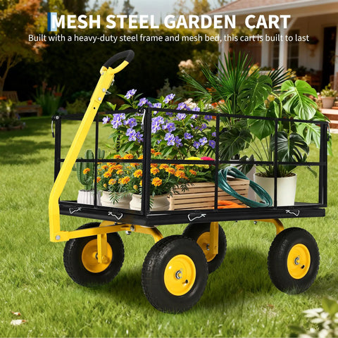 Heavy Duty Steel Garden Cart With 1500 Lb Capacity 3 In 1 Utility Wagon With Removable Mesh Sides loaded with plants on grass