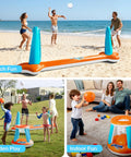 Collage: Inflatable Pool Volleyball And Basketball Game Set With Net And Hoops used for beach, garden, and indoor fun.