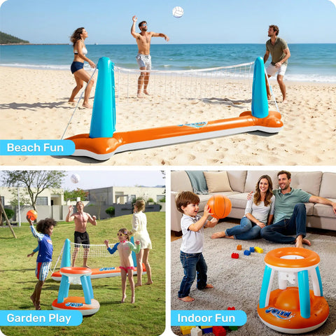 Collage: Inflatable Pool Volleyball And Basketball Game Set With Net And Hoops used for beach, garden, and indoor fun.