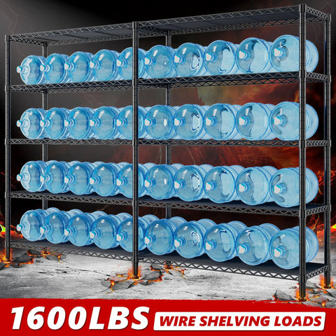 Massive 5 Tier Heavy Duty Metal Storage Shelving Unit 72.8 Inch Wide Wire Shelves With 1600 Lbs Total Weight Capacity For Garage Or Workshop Organization And Easy Clutter Busting, black steel shelving with water jugs