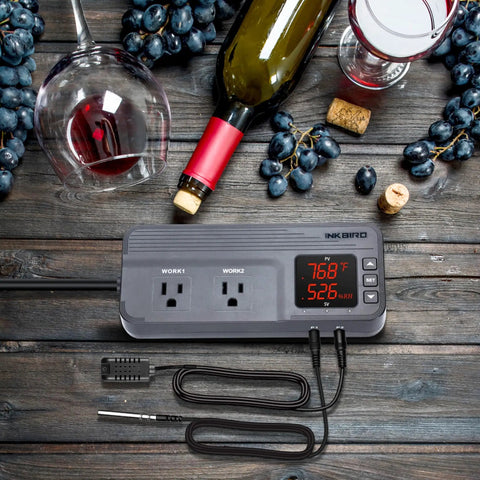 Temperature And Humidity Controller ITC-608T dual stage thermostat with wine setup on wooden table.