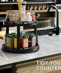 Two Tier Lazy Susan Spice Organizer For Cabinets And Pantries, Ten Inch Diameter Rustic Brown Turntable Rack with spices on counter
