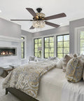 Double Lit 5 Blade Beaded Braid Led Ceiling Fan With Crystal Bead Shade And Dimmer in elegant bedroom setting