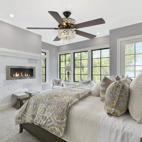 Double Lit 5 Blade Beaded Braid Led Ceiling Fan With Crystal Bead Shade And Dimmer in elegant bedroom setting