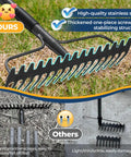 Extra Wide 17 Inch Double Sided Garden Rake with durable stainless steel construction contrasting lighter, brittle alternatives.