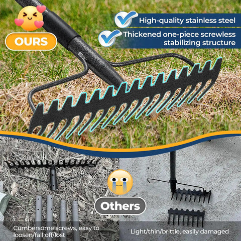 Extra Wide 17 Inch Double Sided Garden Rake with durable stainless steel construction contrasting lighter, brittle alternatives.