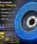 Close-up view of a blue zirconia flap disc, 4.5 inch diameter, with 72 flaps, 7/8 inch arbor for metal, wood, ceramic cutting and smoothing.