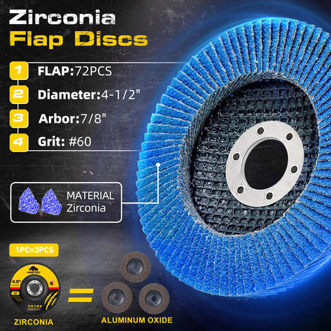 Close-up view of a blue zirconia flap disc, 4.5 inch diameter, with 72 flaps, 7/8 inch arbor for metal, wood, ceramic cutting and smoothing.