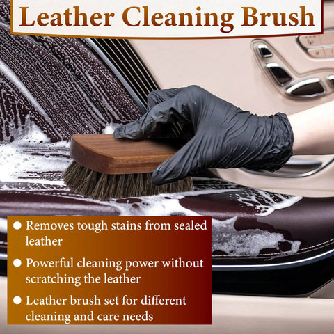 Gloved hand using Dope Leather Brush For Car Detailing With Horsehair Bristles And Wood Handle Soft On Leather Seats Upholstery Carpet Interior Trim Shoes And Furniture Deep Clean Stains In Seams And Tight Gaps on soapy car leather seat