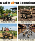 Beefy Heavy Duty Utility Garden Cart Wagon With Dual Side Dump in various settings: yard, woods, farm, warehouse.