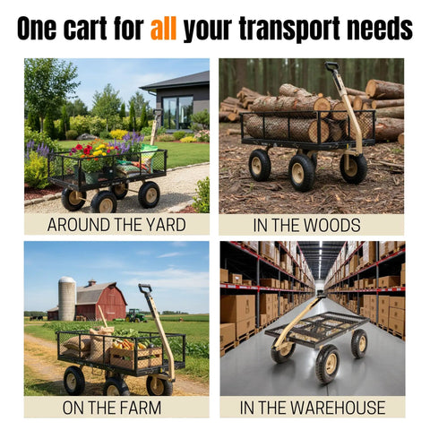 Beefy Heavy Duty Utility Garden Cart Wagon With Dual Side Dump in various settings: yard, woods, farm, warehouse.