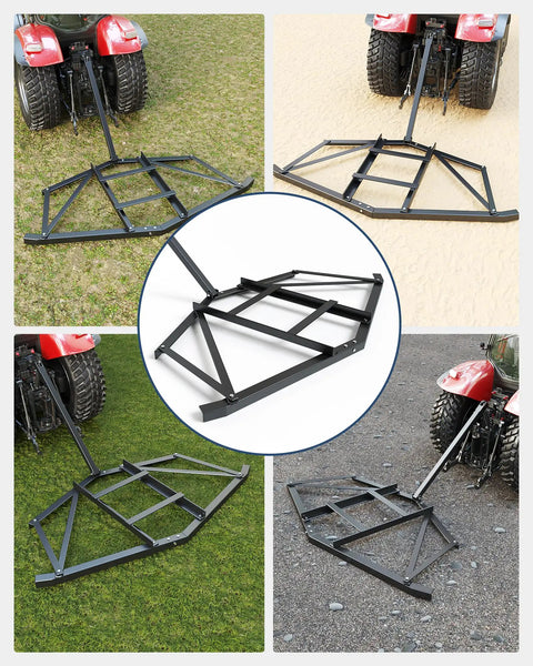 Beefy Heavy Duty Steel Driveway Drag Harrow 66 Inch Wide for ATV UTV shown on grass, sand, gravel, and attached to ATV.