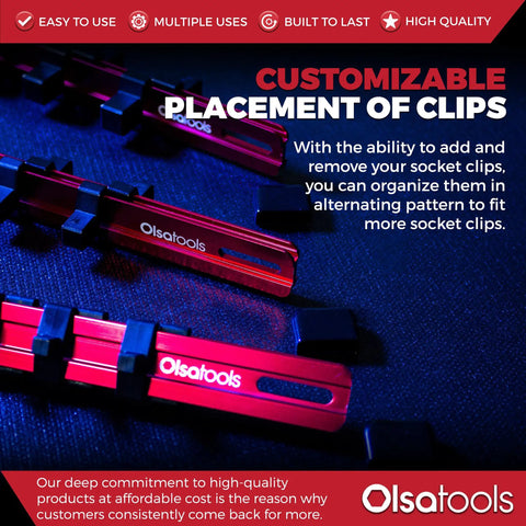 Aluminum Socket Organizer Rail Kit, 3 Piece Red Set For One Half Inch, Three Eighth Inch, And One Quarter Inch Drives with clips