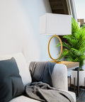 Oke Table Lamp With Gold Plated Finish, Modern Art Deco Open Round Frame, White Rectangular Shade on living room side table