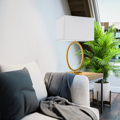 Oke Table Lamp With Gold Plated Finish, Modern Art Deco Open Round Frame, White Rectangular Shade on living room side table