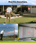 Heavy-Duty Golf Practice Net For Backyard Or Garage, Ultra Versatile Multi Sport Netting Barrier displayed in backyard and garage settings