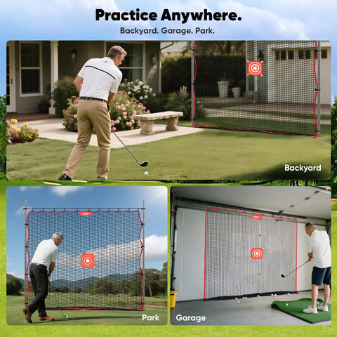 Backyard Golf Practice Net 10Ft 15Ft 20Ft with multi-sport netting setup in backyard, park, garage for swing training