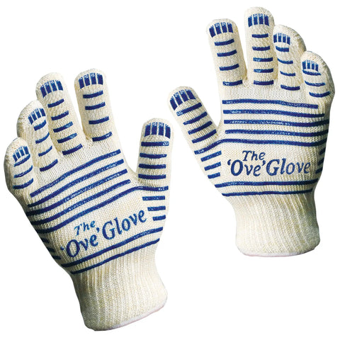 Heavy Duty Five Finger Oven Glove Pack Of 2 For Grillin And Barbecues with blue stripes and text design, front and back view.