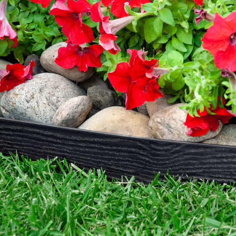 Super Easy Tall 2.5 Inch Woodgrain Wall No Dig Landscape Edging Kit In Black holds flower bed with river rocks