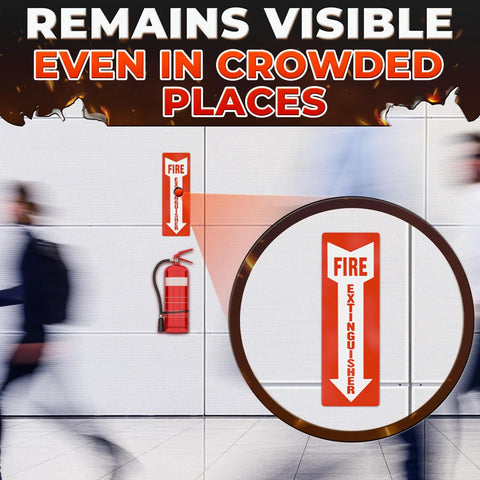 12 Pack High Visibility Fire Extinguisher Signs For Business 4 By 11.8 Inch Waterproof Vinyl Stickers shown installed on wall