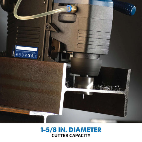 EVOMAG42 magnetic drilling system, side view; drilling a steel channel with 1-5/8 in diameter cutter capacity