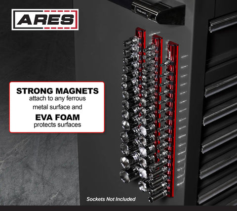Three Piece Black Magnetic Socket Organizer Set With Aluminum Rails Holds Up To 12 Sockets Per Rail on metal cabinet