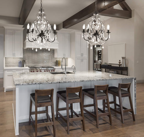 Black 17 Inch 5 Light Crystal And Metal Chandelier With Traditional Cascading Beads Adjustable Chain over kitchen island