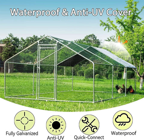 Large Outdoor Metal Chicken Coop With Walk In Run For Backyard Poultry, 19.19 By 9.84 By 6.56 Feet, Waterproof Roof, Anti UV Cover, Heavy Duty Galvanized Frame, Weatherproof Outdoor Chicken Pen with waterproof and anti-UV cover displayed in a backyard setting.