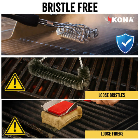 Bristle Free Grill Brush For All Grills Rust Resistant Stainless Steel BBQ Cleaner next to traditional brushes on grill