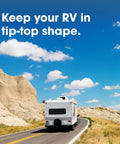 RV driving on a scenic road with Pro Flex RV Flexible Sealant For Weatherproof Seals, 10 Oz Clear, Crack Resistant adhesion on seams.