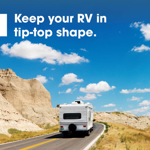 RV driving on a scenic road with Pro Flex RV Flexible Sealant For Weatherproof Seals, 10 Oz Clear, Crack Resistant adhesion on seams.