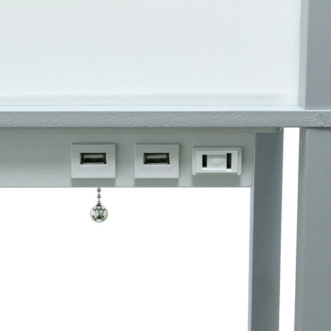 Gray Etagere Floor Lamp With 3 Shelves, 2 USB Ports, 1 Charging Outlet close-up showing USB ports and pull chain