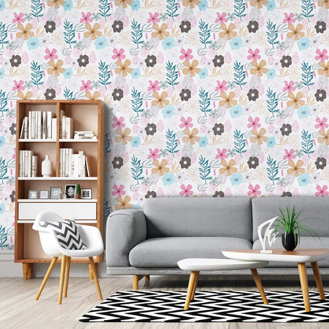 Floral Peel And Stick Wallpaper With Perennial Blooms Self Adhesive And Removable Vinyl Waterproof For Bathroom And Cabinets 17.71 Inches By 118 Inches Totally Easy To Install And Reposition No Residue, shown in a living room with grey sofa and bookshelf.