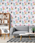 Living room with floral peel and stick wallpaper, vibrant flowers, 17.71 inch by 32.8 feet, ideal for DIY home refresh