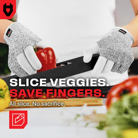 Person wearing Cut Resistant Kitchen Gloves For Food Prep And DIY, Three-Finger Reinforced Design With Stainless Steel Thread, Ambidextrous Safety Gear, Comfortable Level 5 Cut Protection For Home Cooks And Pros, slicing a red bell pepper.
