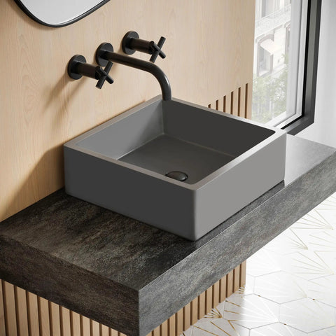 15 Inch Square Concrete Vessel Sink For Bathrooms In Dark Grey Above Counter Installation Stain Resistant Non Porous Concrete No Faucet Holes For Wall Mounted Faucets Modern Durable Vessel Basin