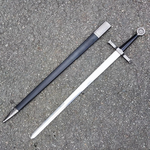 Stainless Steel Medieval Cross Crusader Knight Templar Sword With Scabbard 33.9 Inch Overall Length on concrete surface