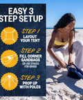 Easy setup guide for Limited Edition Corona Beach Tent Sun Shelter with beach backdrop and woman filling sandbag corner.