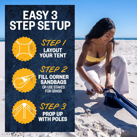 Easy setup guide for Limited Edition Corona Beach Tent Sun Shelter with beach backdrop and woman filling sandbag corner.