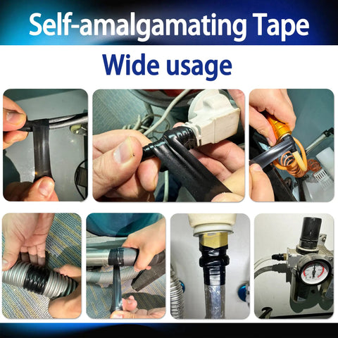 Close-up of Self-Fusing Silicone Tape 1 Inch By 10 Feet Self-Welding Repair Tape used on various pipes and cables for sealing and insulation.